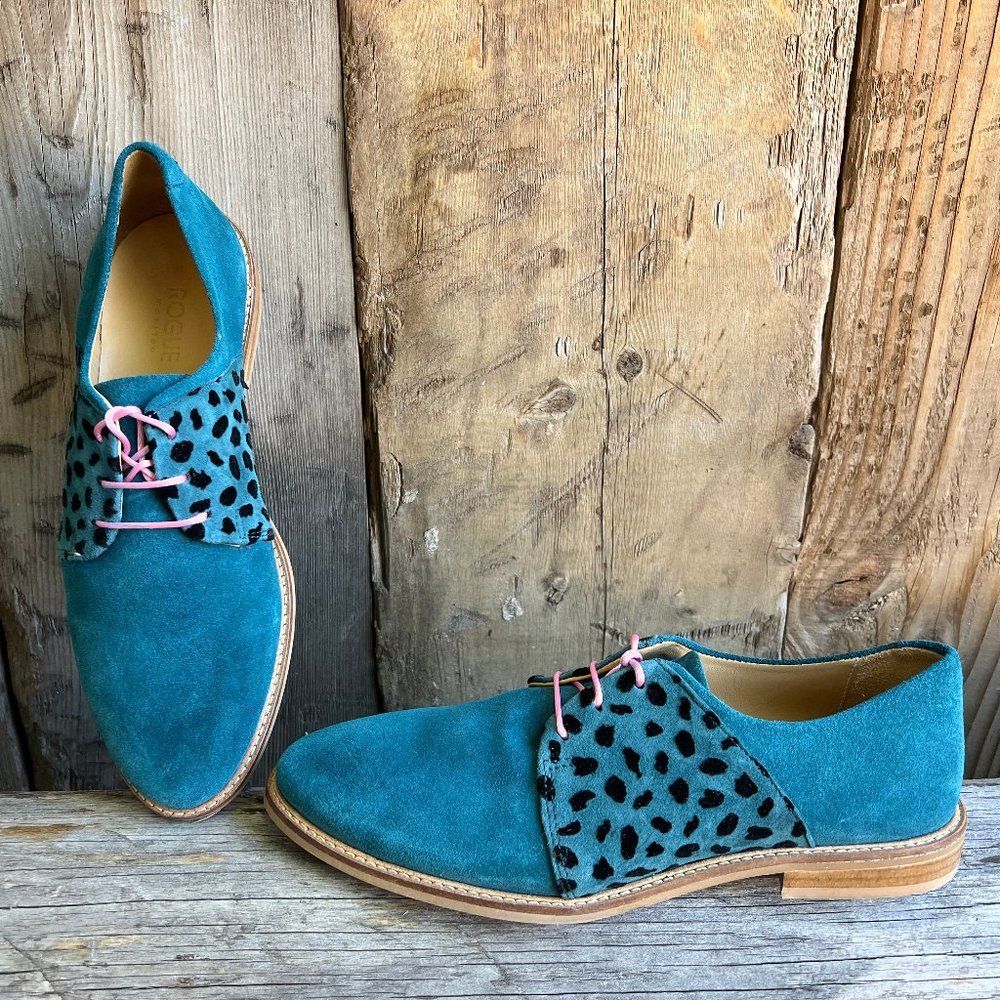 Rogue Matilda Teal Blue Suede 'Jelly Tot' Oxford Lace Up Shoe, Size 39, US 8.5